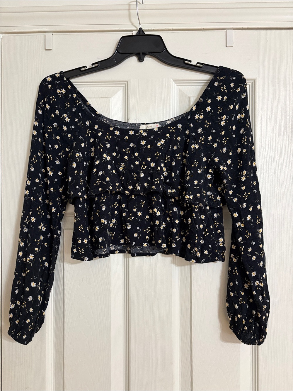 Women's Black Floral Peasant Top - Long Sleeve